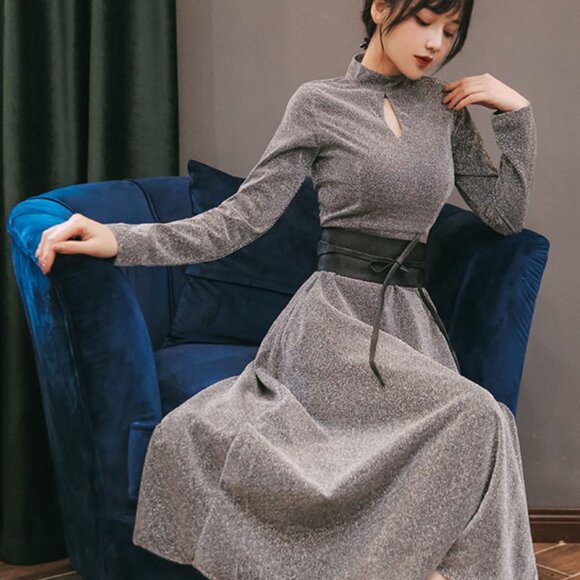 Metallic Silver Glitter Midi Women Dress - Picture 2 of 5